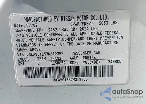 2007 Infiniti M35 z USA, uszkodzony, nr VIN JNKAY01E57M312355